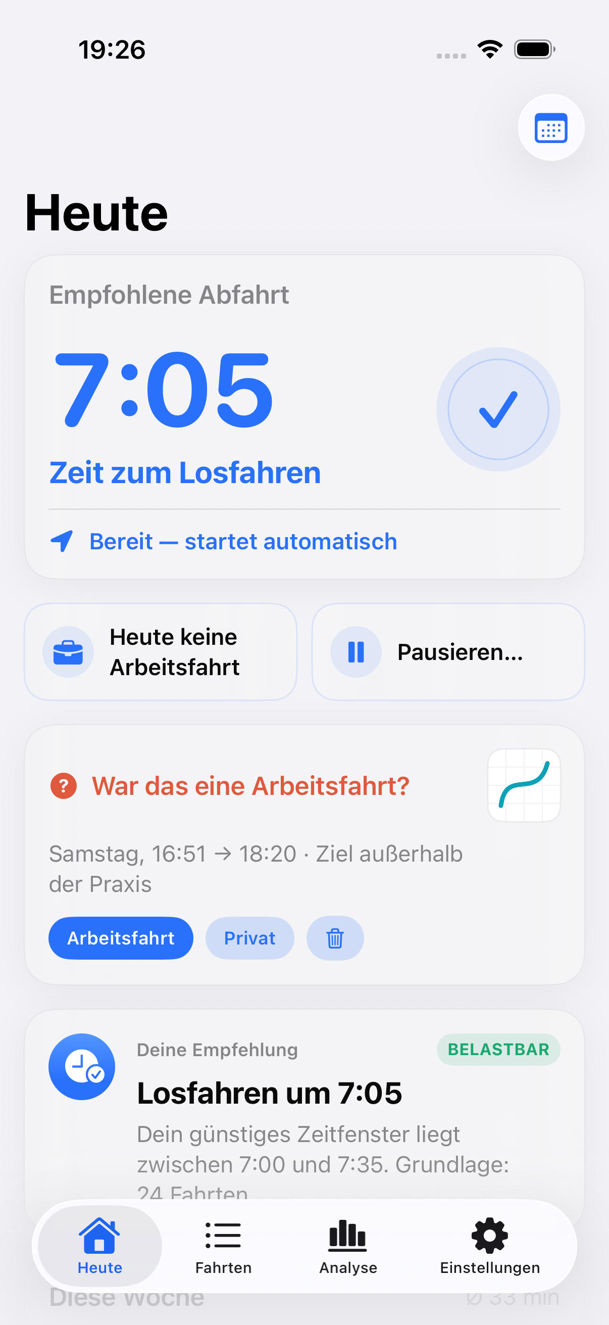 Pendelio Today screen with automatic trip detection
